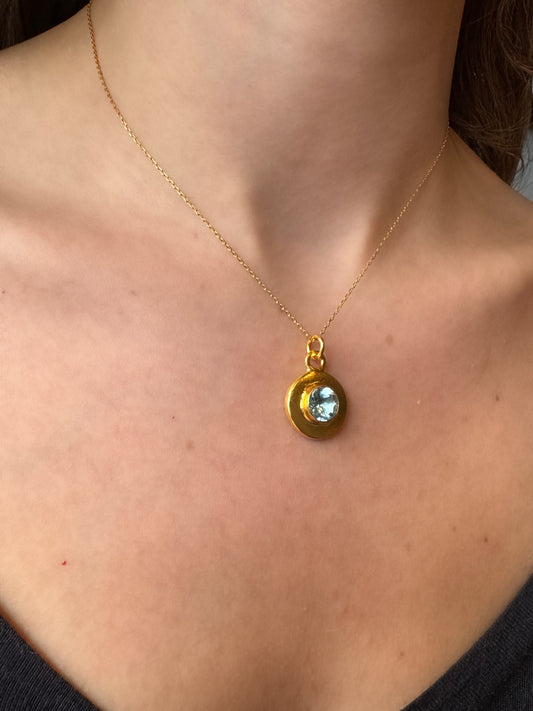 Gök Mavisi Yuvarlak Topaz Taşlı Altın Minimalist Kolye-Etnikmodern