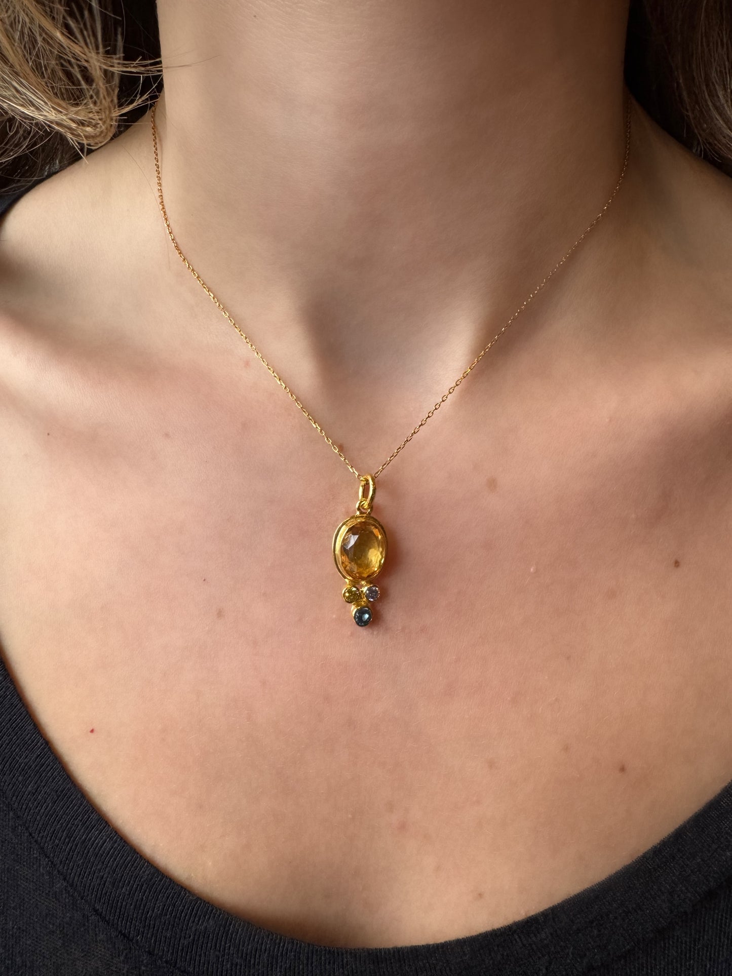 Sitrin, Topaz ve Peridot Taşlı Altın Otantik Kolye