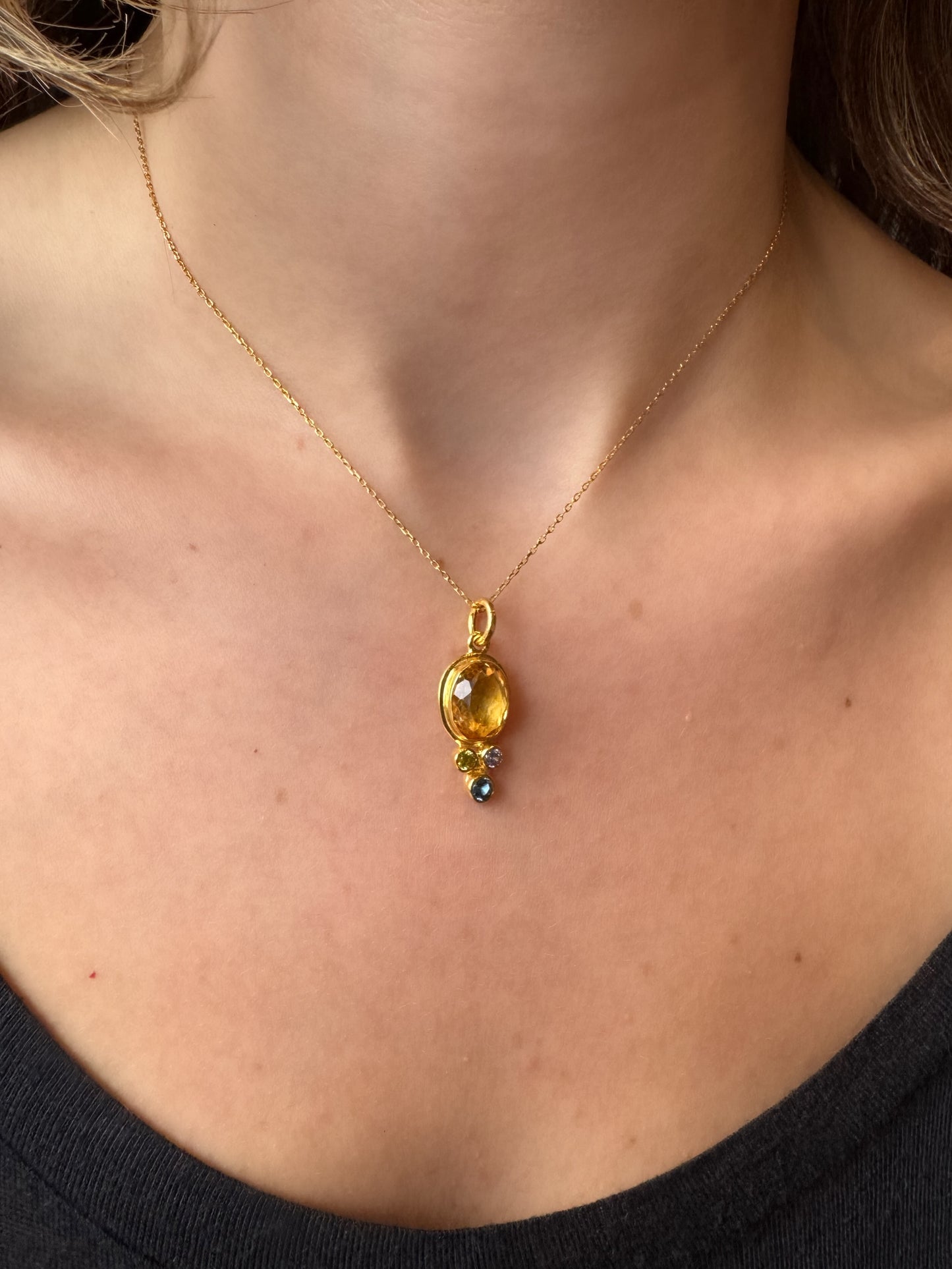 Sitrin, Topaz ve Peridot Taşlı Altın Otantik Kolye