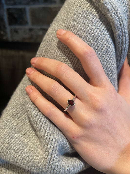 Garnet Stone Minimalist Silver Ring