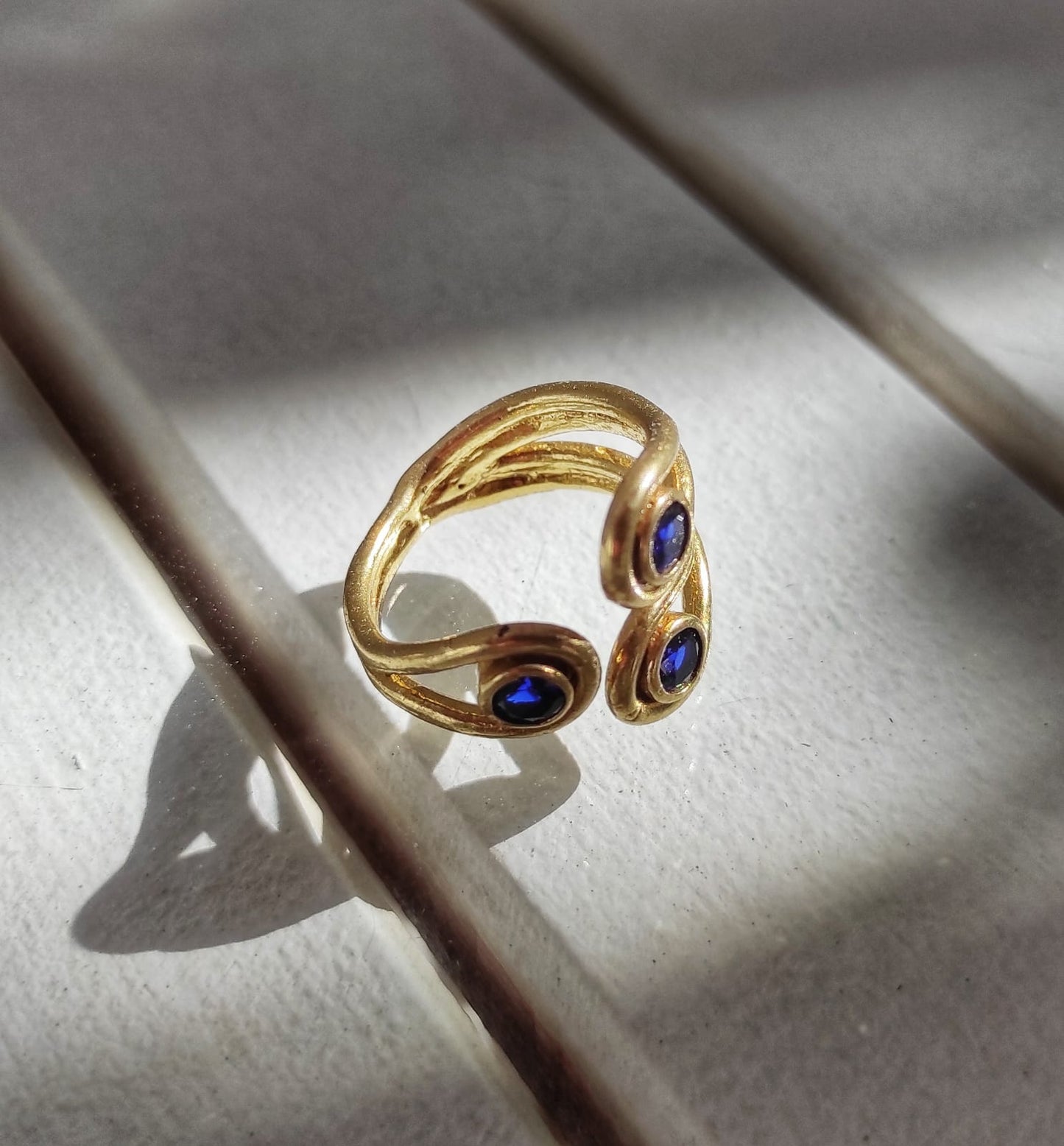 Vintage Safir Zirkon Üç Taşlı Yüzük