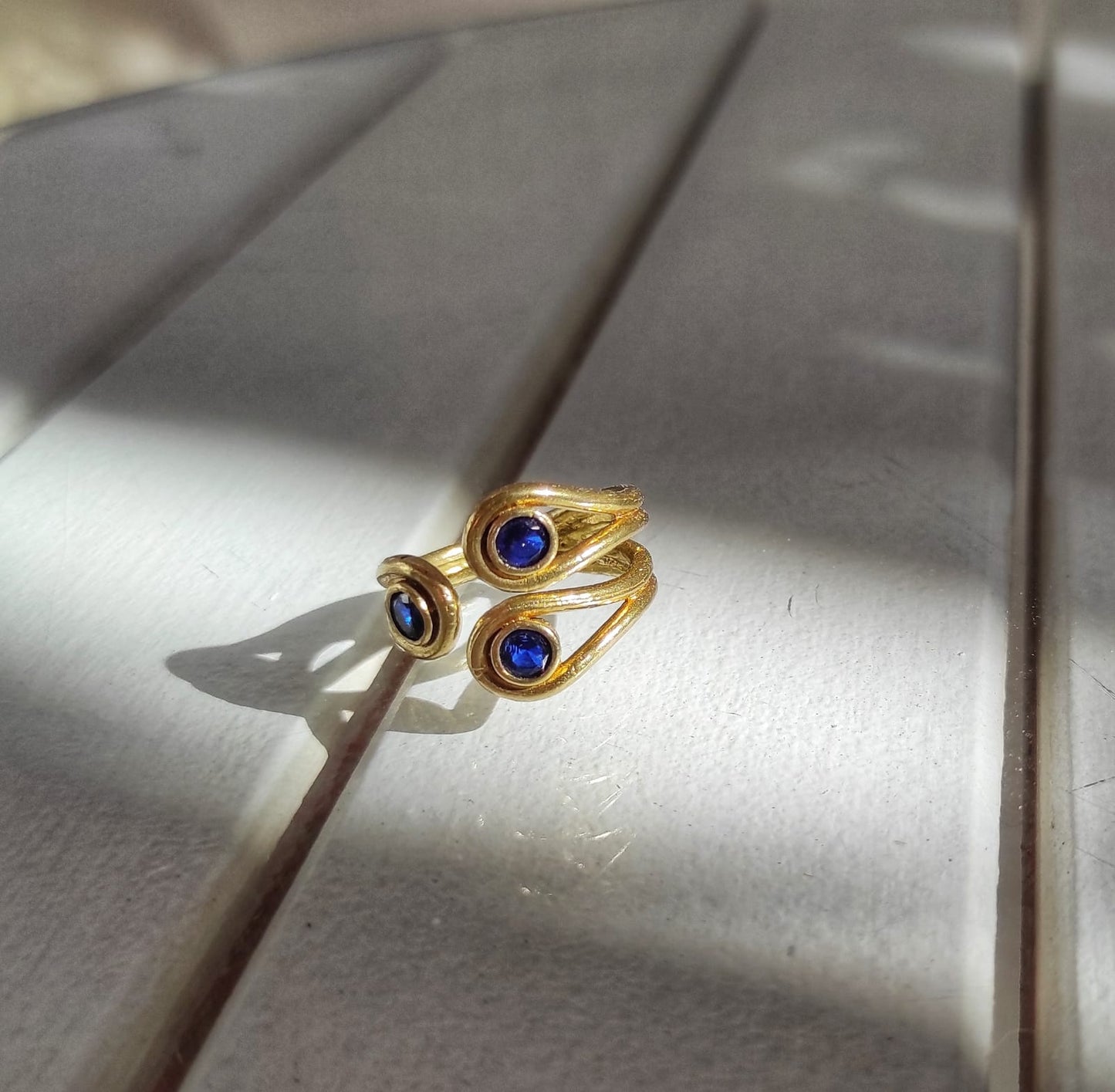 Vintage Safir Zirkon Üç Taşlı Yüzük